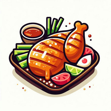 Illustration of grilled chicken with vegetables and sauce on white background.のイラスト素材