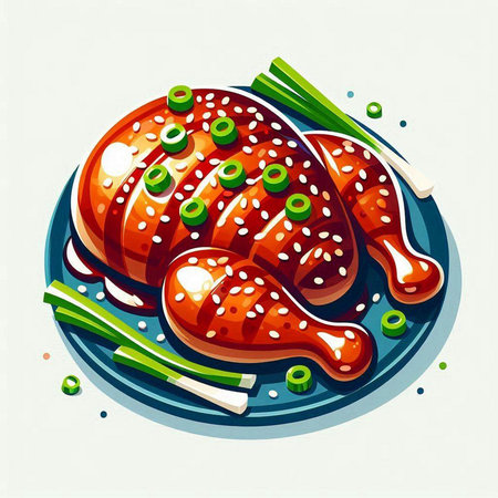 Illustration of grilled chicken on a plate with green onions and sauceのイラスト素材