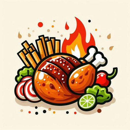 Illustration of roasted chicken with french fries and vegetables on fire backgroundのイラスト素材