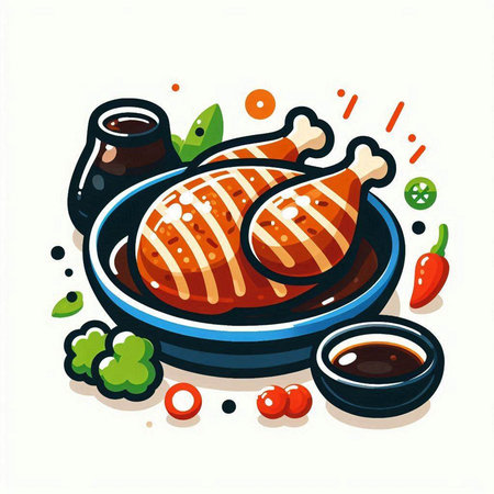 Illustration of grilled chicken leg with soy sauce. Vector illustration.のイラスト素材