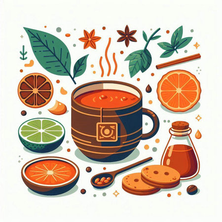 Cup of tea with cinnamon, orange, cloves, star anise, ginger and lemon. Vector illustration.のイラスト素材