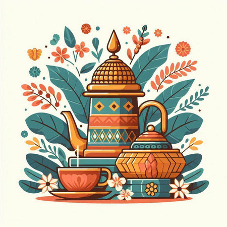 Vector illustration of tea pot, teapot and cup on floral background.のイラスト素材