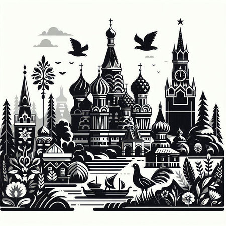 Cityscape of Moscow, Russia. Black and white vector illustration.のイラスト素材
