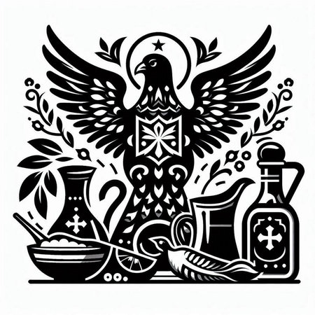 Russian vase with teapot, cup of tea and eagle. Black and white vector illustrationのイラスト素材