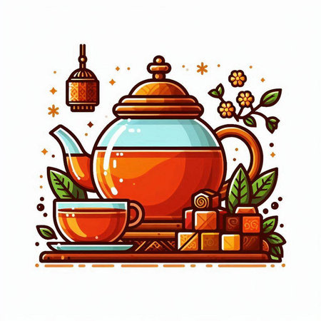 Vector illustration of a teapot with a cup of tea and oriental sweets.のイラスト素材
