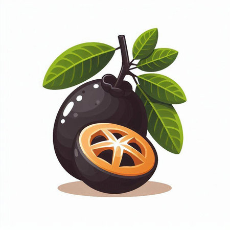 Vector illustration of a whole and half black kiwi fruit with leaves.のイラスト素材