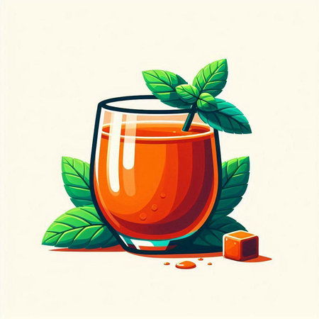 Glass of fresh orange juice with mint leaves and cubes. Vector illustration.のイラスト素材
