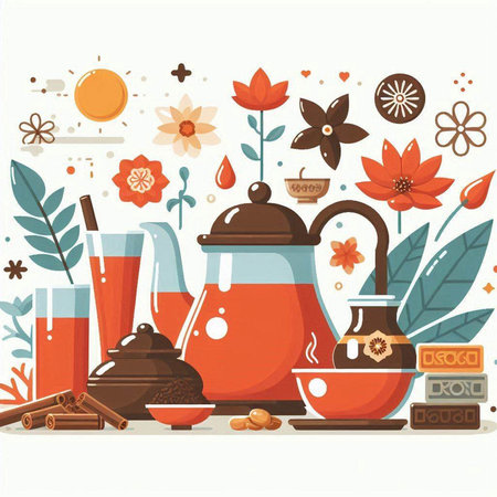 Vector illustration with teapot, cups, teacups, tea leaves, flowers and sweets.のイラスト素材