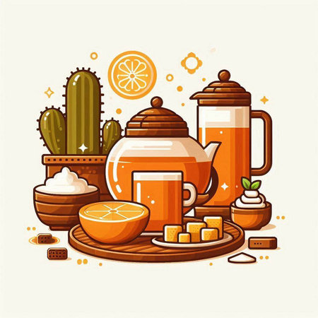 Tea set. Teapot, cup, sugar cubes, cactuses. Vector illustrationのイラスト素材