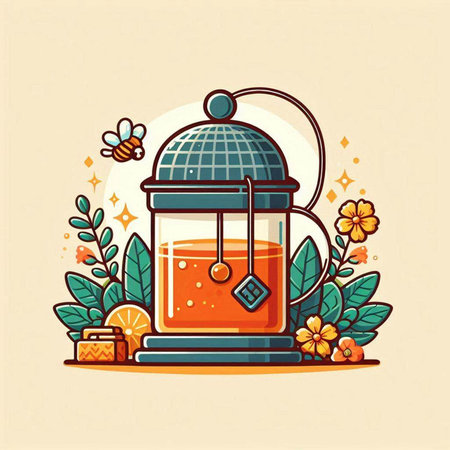 Cup of tea with teapot and honey. Vector illustration.のイラスト素材