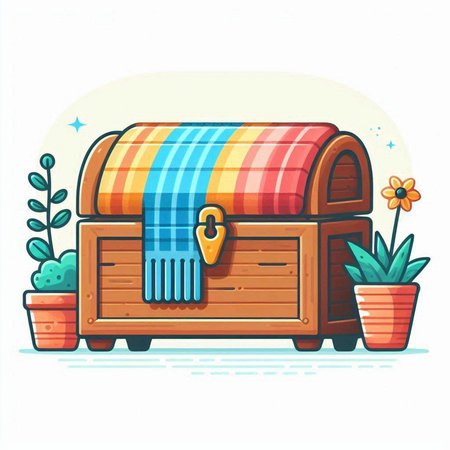 Wooden chest with a lid and a scarf. Vector illustration.のイラスト素材