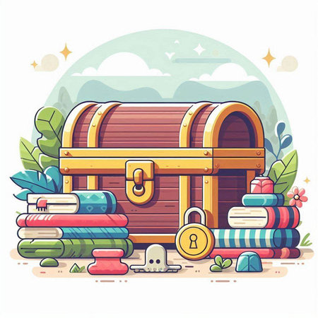 Treasure chest and books. Vector illustration in flat cartoon style.のイラスト素材