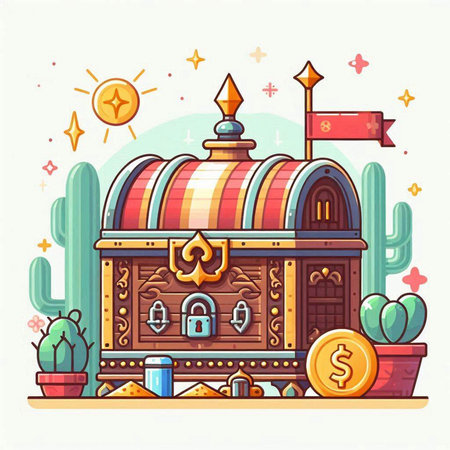 Vector illustration of a treasure chest in the desert. Flat style.のイラスト素材