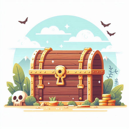 Treasure chest with keyhole and coins, vector cartoon illustration.のイラスト素材