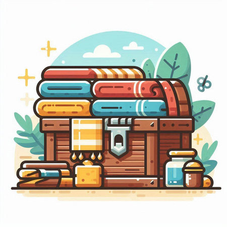 Vector illustration of a wooden chest with a stack of towels and other things.のイラスト素材