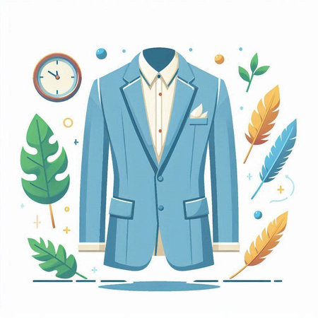 Blue suit with feathers and clock on white background. Vector illustration.のイラスト素材