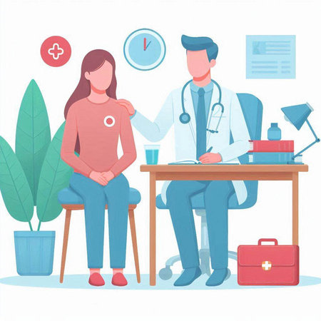 Male doctor talking to female patient sitting at table in office. Doctor and patient. Vector illustrationのイラスト素材