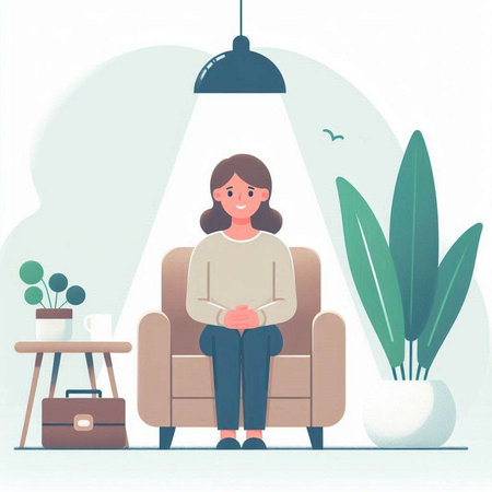 Woman sitting in armchair at home. Flat style vector illustration.のイラスト素材