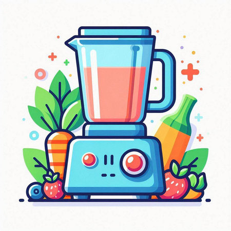 Illustration of a blender with fresh fruits and vegetables. Vector illustration.のイラスト素材