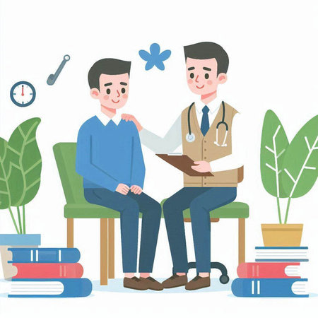 Doctor and patient in medical office. Vector illustration in flat style.のイラスト素材