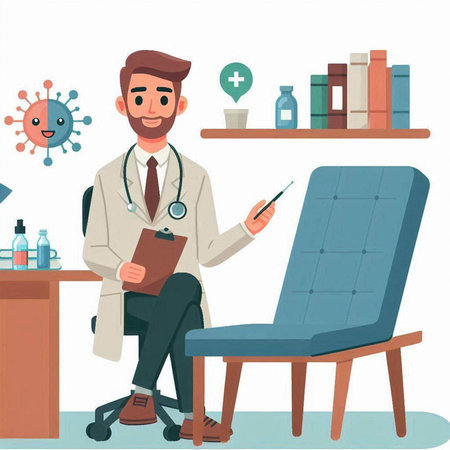 Doctor sitting at table in medical office. Vector illustration in cartoon styleのイラスト素材