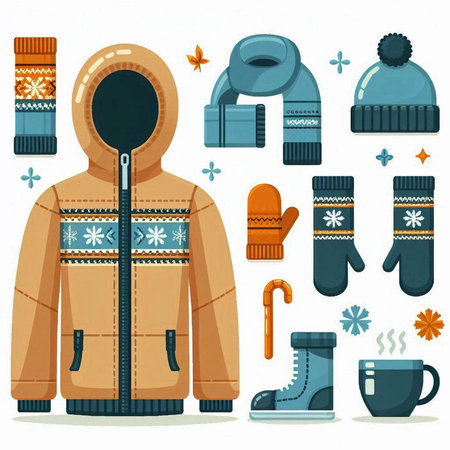 Winter clothes and accessories. Vector illustration in flat style. Set of warm clothing.のイラスト素材