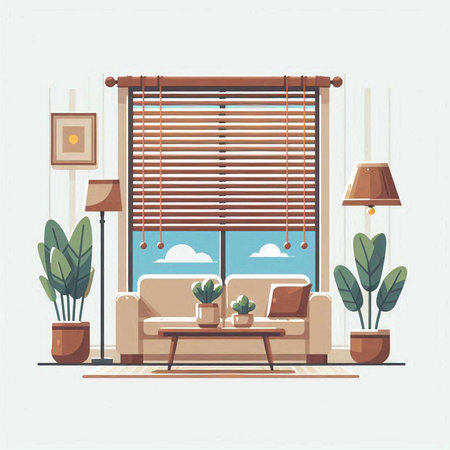 Living room interior with window, sofa and plants. Vector illustration.のイラスト素材