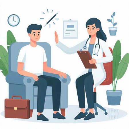 Patient and doctor sitting in armchair. Consultation with physician. Cartoon vector illustrationのイラスト素材