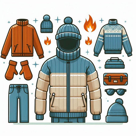 Winter clothing and accessories set. Vector illustration in doodle style.のイラスト素材