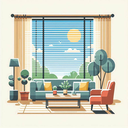 Modern living room interior with window, sofa and plants. Vector illustrationのイラスト素材