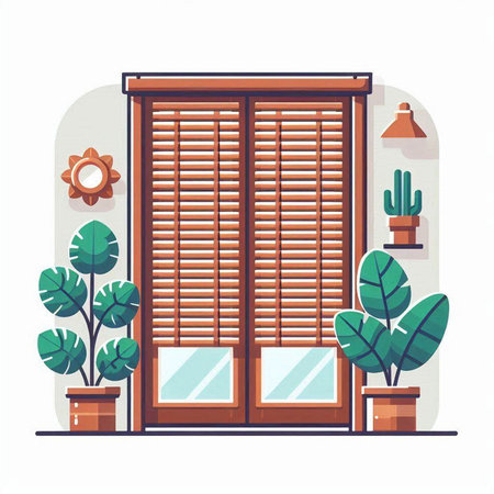 Window with shutters and plants. Vector illustration in flat style.のイラスト素材