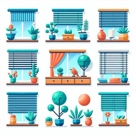 Set of windows and plants in pots. Vector illustration in cartoon styleのイラスト素材