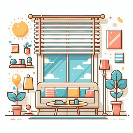Living room interior design with window, sofa and plants. Flat style vector illustration.のイラスト素材