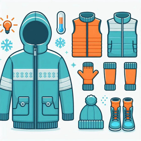 Winter clothes and accessories. Set of winter clothing. Vector illustration.のイラスト素材