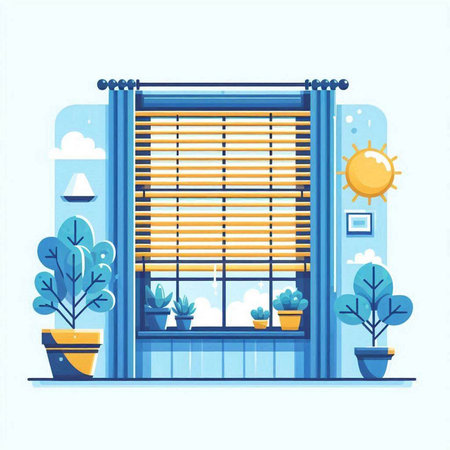 Flat design modern vector illustration concept of home interior. Window with blinds and plants.のイラスト素材