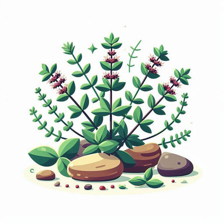 Flowering bush with green leaves and stones. Vector illustration.のイラスト素材