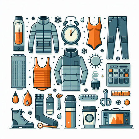 Set of icons of camping equipment. Vector illustration in doodle styleのイラスト素材