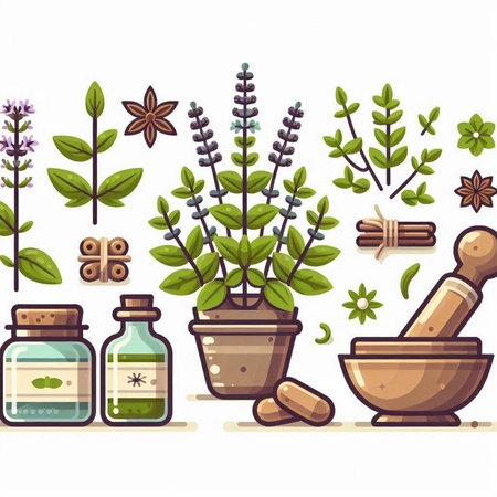 Herbs and spices in mortar and pestle. Vector illustration.のイラスト素材