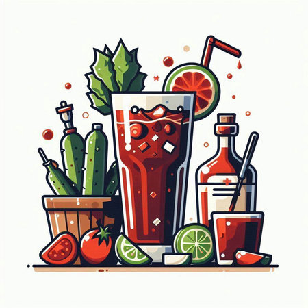 Cocktail with lime, tomato, cucumber, lemon, vodka and ice. Vector illustration.のイラスト素材