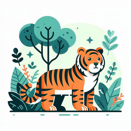Cute tiger in the jungle. Vector illustration in flat style.のイラスト素材