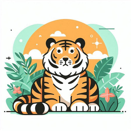 Vector illustration of cute tiger in flat style on a white background.のイラスト素材