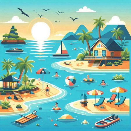 Vector illustration of a beach with palm trees, boats, sun loungers, sand dunes, palm treeschairs, sunbeds, seagulls.のイラスト素材