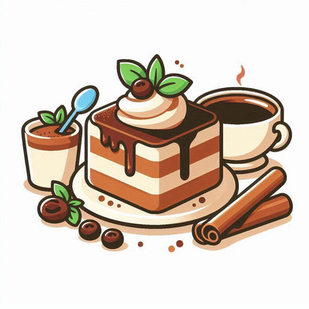 Illustration of a chocolate cake with coffee, cinnamon and mint.のイラスト素材