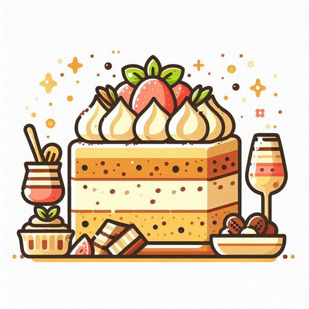 Cake icon. Vector illustration of a cake with whipped cream, strawberries and chocolate.のイラスト素材