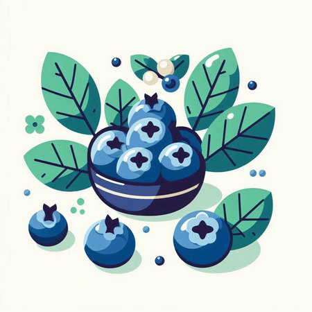 Blueberry vector illustration in flat style. Berries with leaves.のイラスト素材