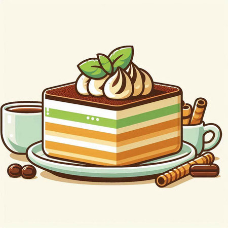 Tiramisu cake and cup of coffee. Vector illustration.のイラスト素材