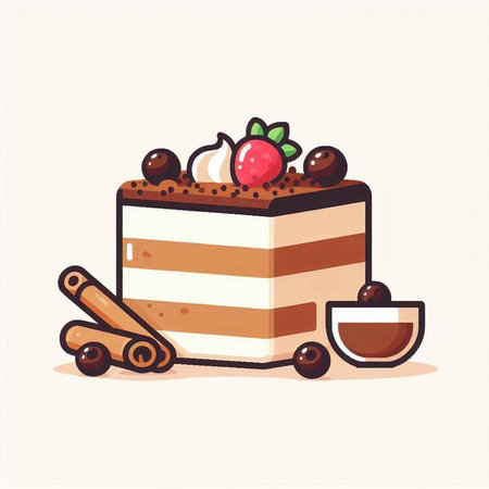 Vector illustration of a delicious chocolate cake with cream and cinnamon sticks.のイラスト素材