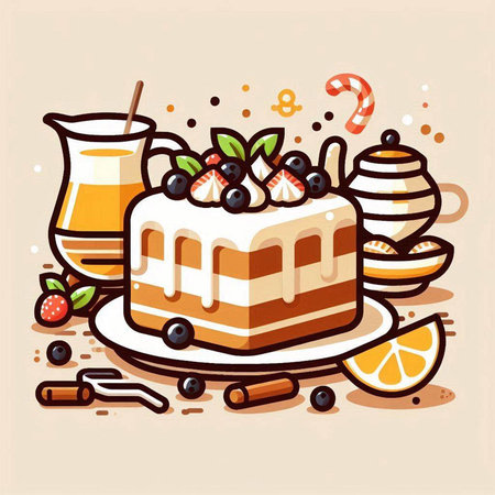 Vector illustration of a delicious cake with berries, orange juice and cinnamon sticksのイラスト素材