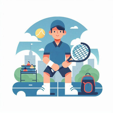Tennis player with racket and ball. Flat style vector illustration.のイラスト素材