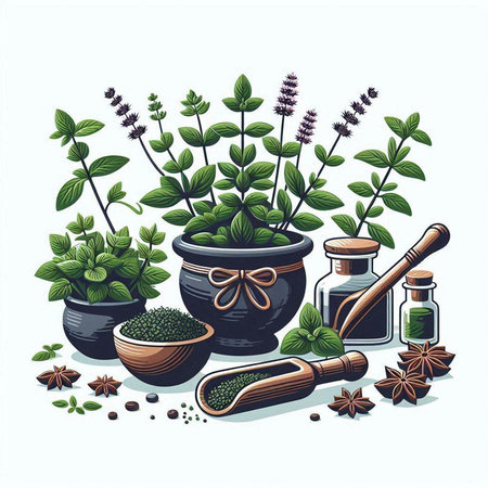 Mortar and pestle with fresh herbs. Vector illustration.のイラスト素材